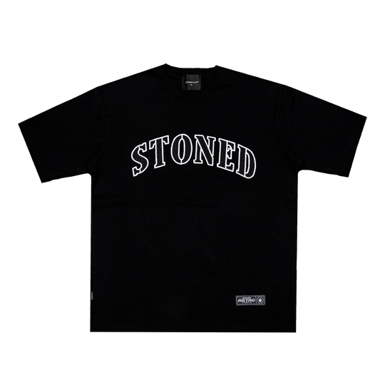 STONED RETRO JET BLACK VARSITY LOGO TEE