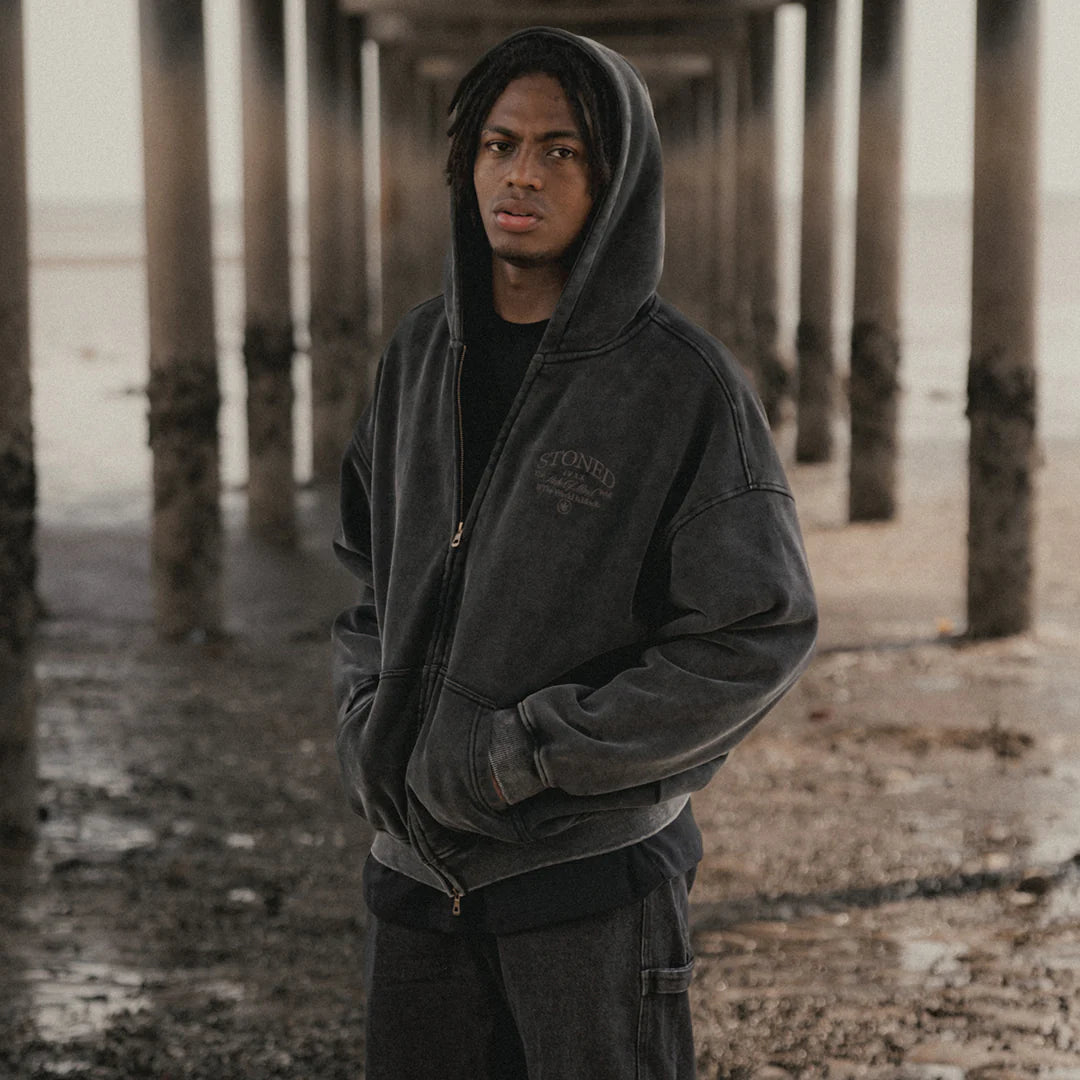 Stoned&Co Void : Vintage Washed Zip Hoodie Black